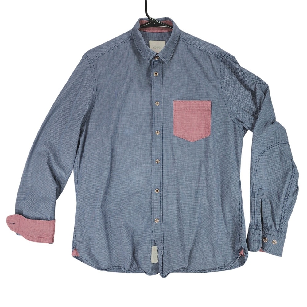 Koton Button Up Shirt L Men Slim Fit Blue Pink Faded Nailhead Long Sleeve Preppy